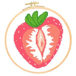 Mockup of a cross stitched strawberry vulva